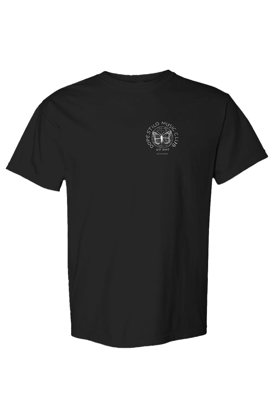 Dope Stilo Music Club Heavyweight Tee - Black: black Comfort Colors C1717 garment-dyed heavyweight tee with a small DSMC logo on the left chest