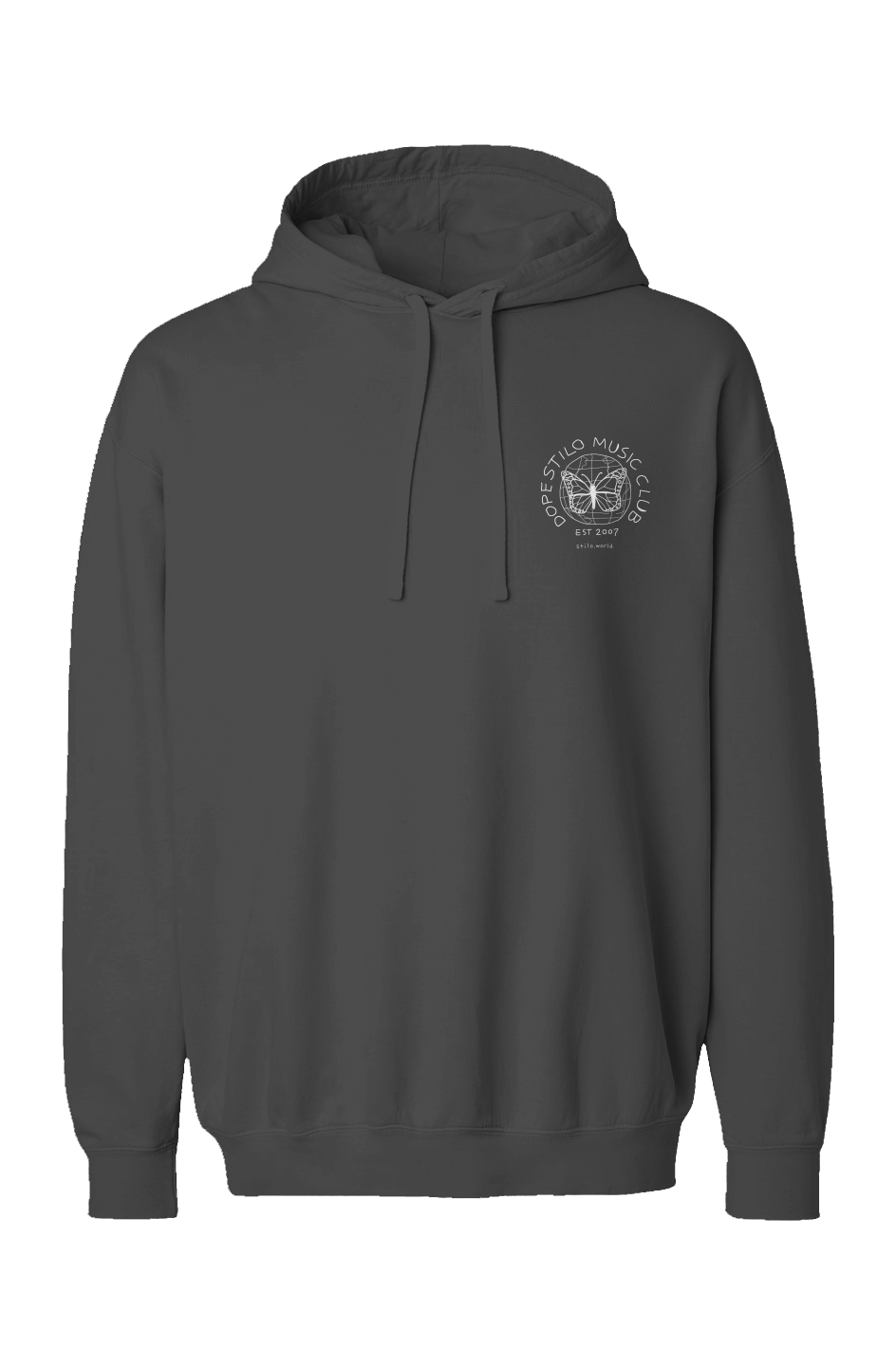 Dope Stilo Music Club Garment-Dyed Hoodie - Black: black Comfort Colors 1467 garment-dyed hoodie with a small DSMC logo on the left chest