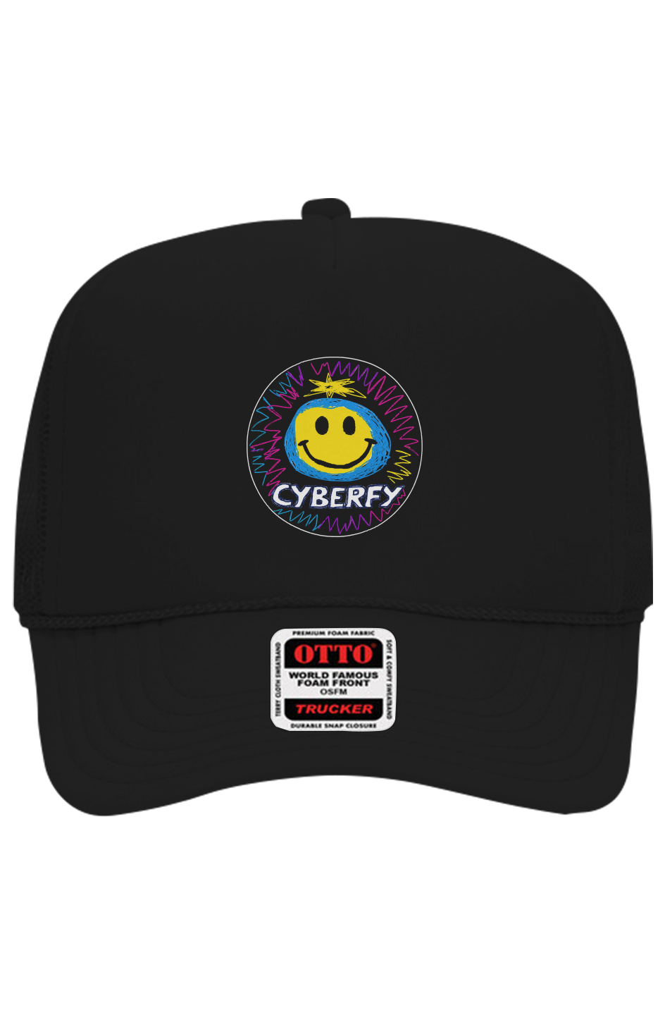 Cyberfy Trucker Hat - Black: black Otto 5 panel trucker hat with the full-circle Cyberfy logo on the front panel