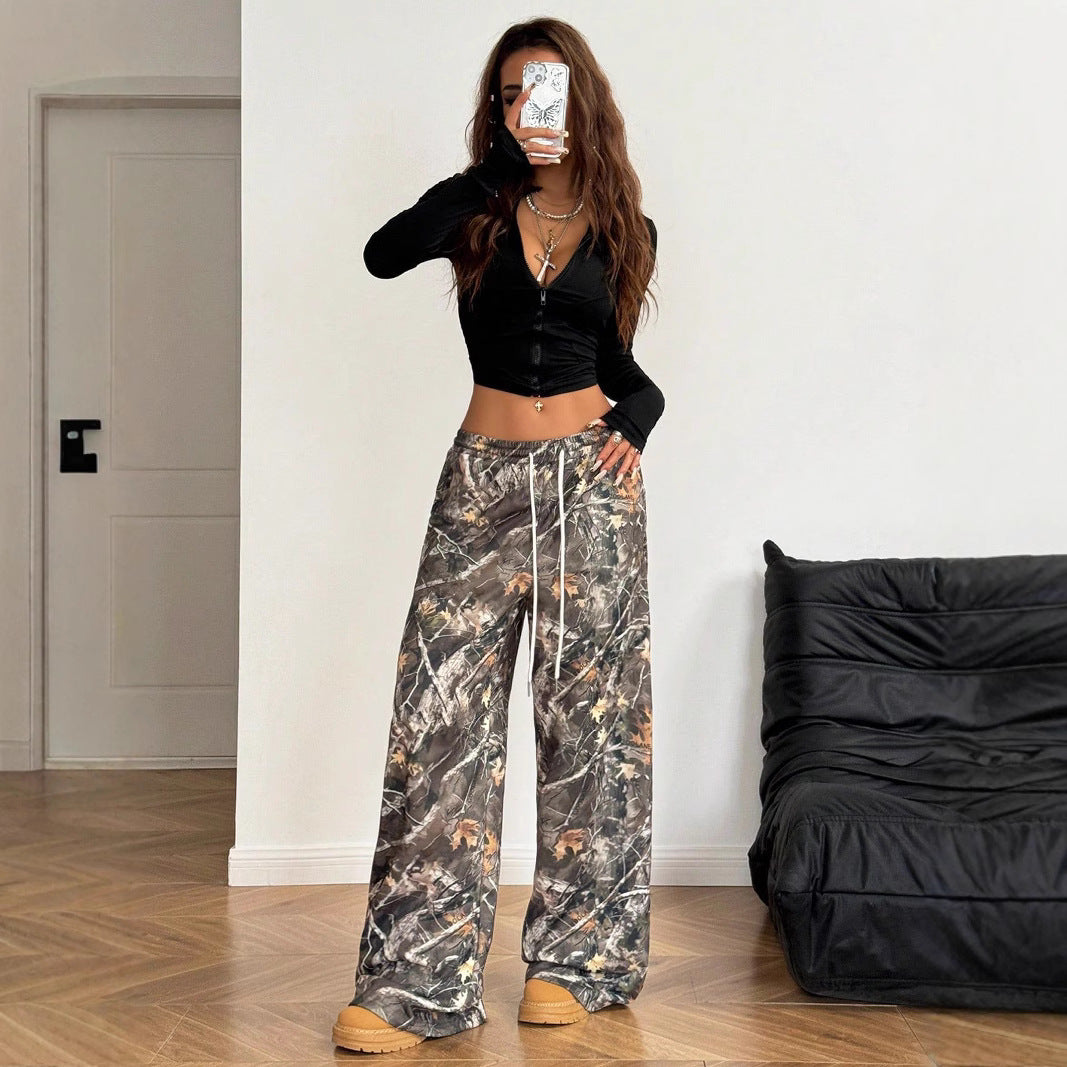 Women's Waist Tight Camouflage Printed Wide-leg Pants