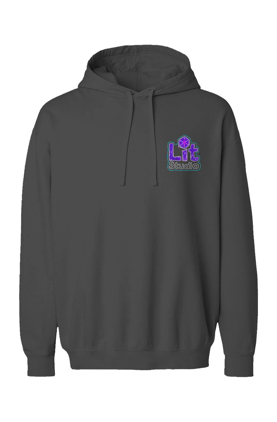 Lit Studio Garment-Dyed Hoodie - Black: black Comfort Colors 1467 garment-dyed hoodie with a small Lit Studio logo on the left chest