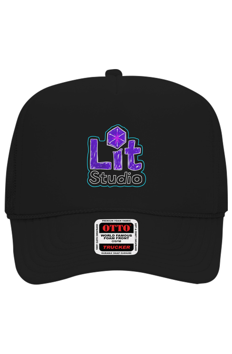 Lit Studio Trucker Hat - Black: black Otto 5 panel trucker hat with a small Lit Studio logo on the front panel