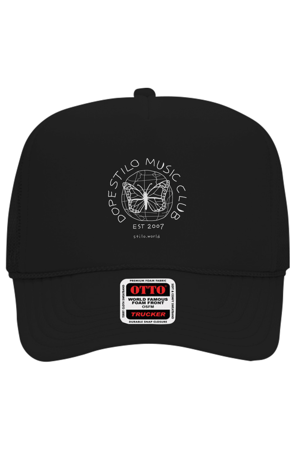 Dope Stilo Music Club Trucker Hat - Black: black Otto 5 panel trucker hat with a small DSMC logo on the front panel