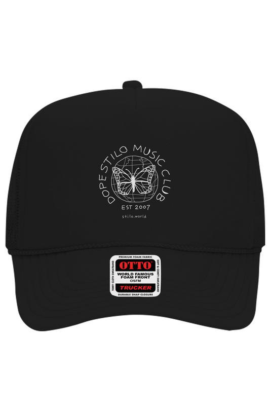 Dope Stilo Music Club Trucker Hat - Black: black Otto 5 panel trucker hat with a small DSMC logo on the front panel