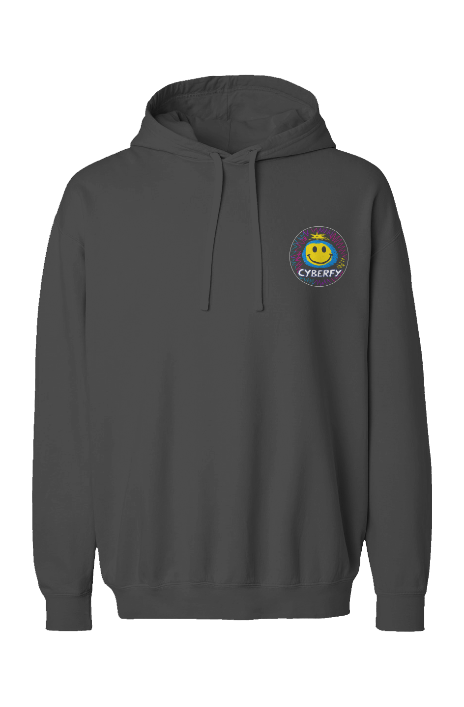Cyberfy Garment-Dyed Hoodie - Black: black Comfort Colors 1467 garment-dyed hoodie with the full-circle Cyberfy logo on the left chest