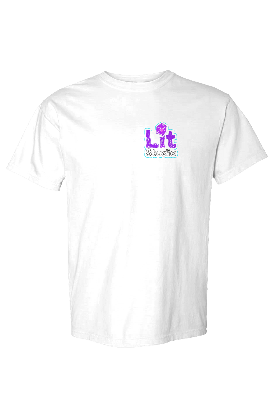 Lit Studio Heavyweight Tee - White: white Comfort Colors C1717 garment-dyed heavyweight tee with a small Lit Studio logo on the left chest
