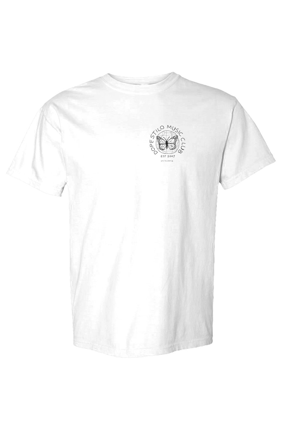 Dope Stilo Music Club Heavyweight Tee - White: white Comfort Colors C1717 garment-dyed heavyweight tee with a small DSMC logo on the left chest