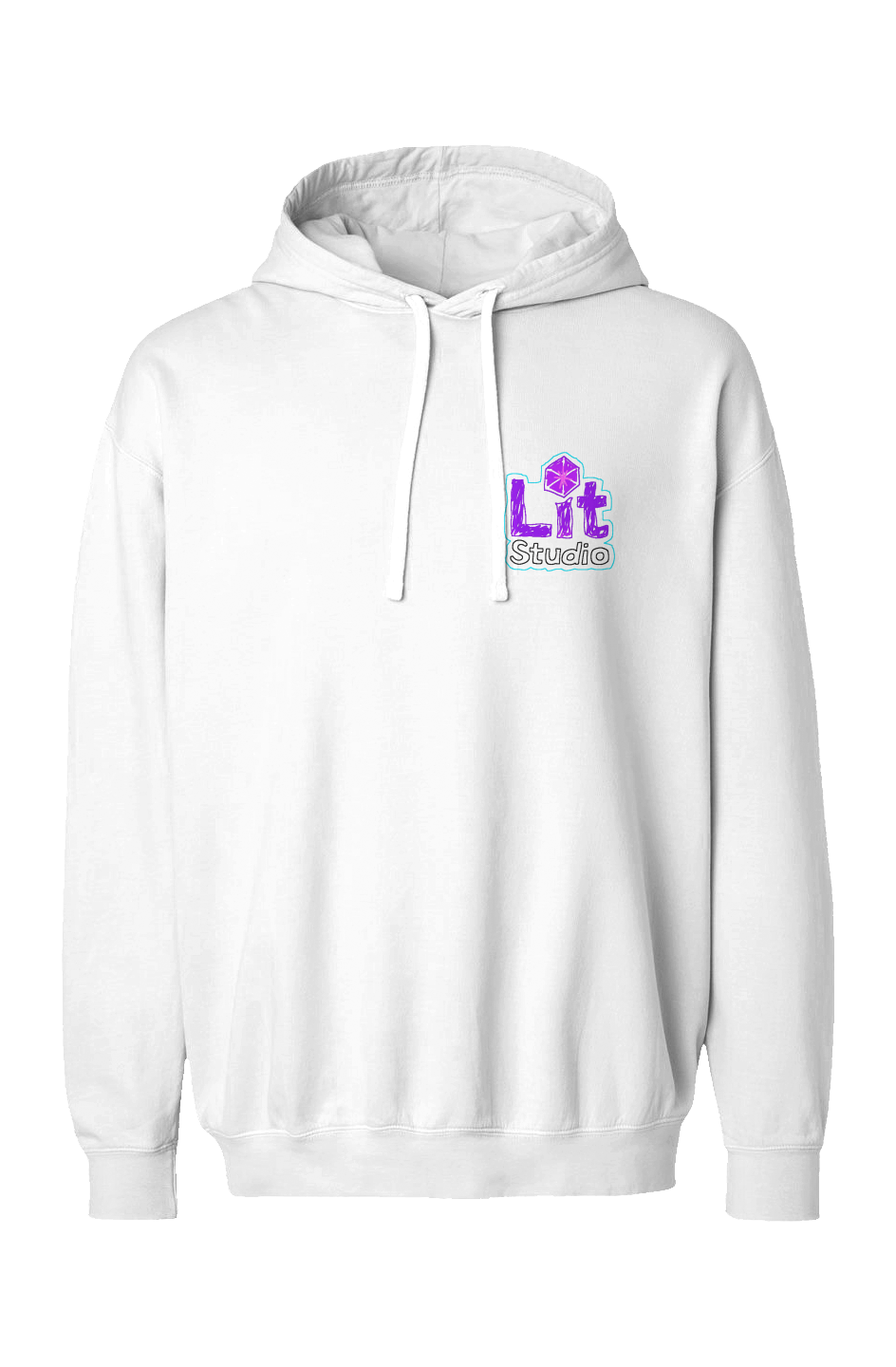 Lit Studio Garment-Dyed Hoodie - White: white Comfort Colors 1467 garment-dyed hoodie with a small Lit Studio logo on the left chest
