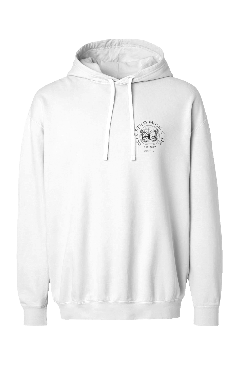 Dope Stilo Music Club Garment-Dyed Hoodie - White: white Comfort Colors 1467 garment-dyed hoodie with a small DSMC logo on the left chest