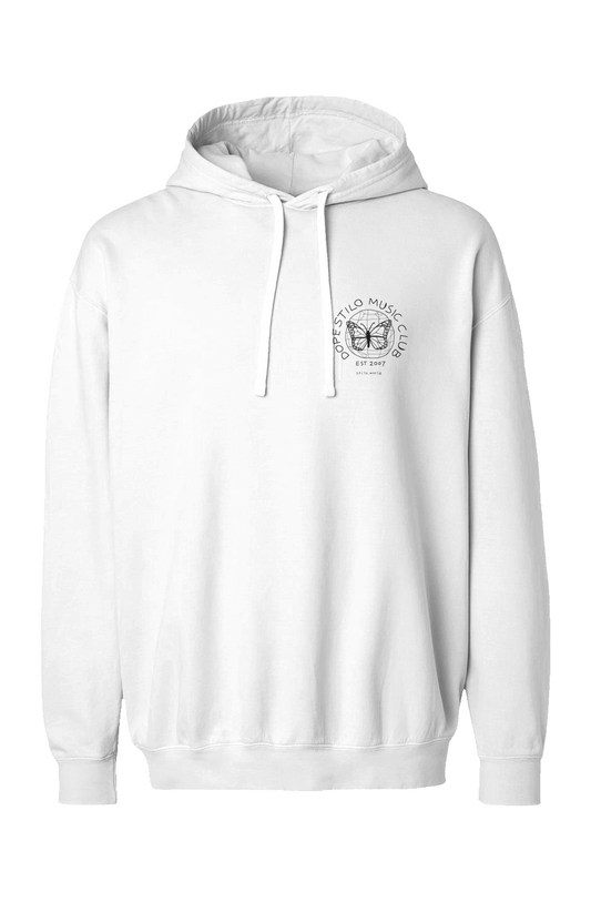 Dope Stilo Music Club Garment-Dyed Hoodie - White: white Comfort Colors 1467 garment-dyed hoodie with a small DSMC logo on the left chest