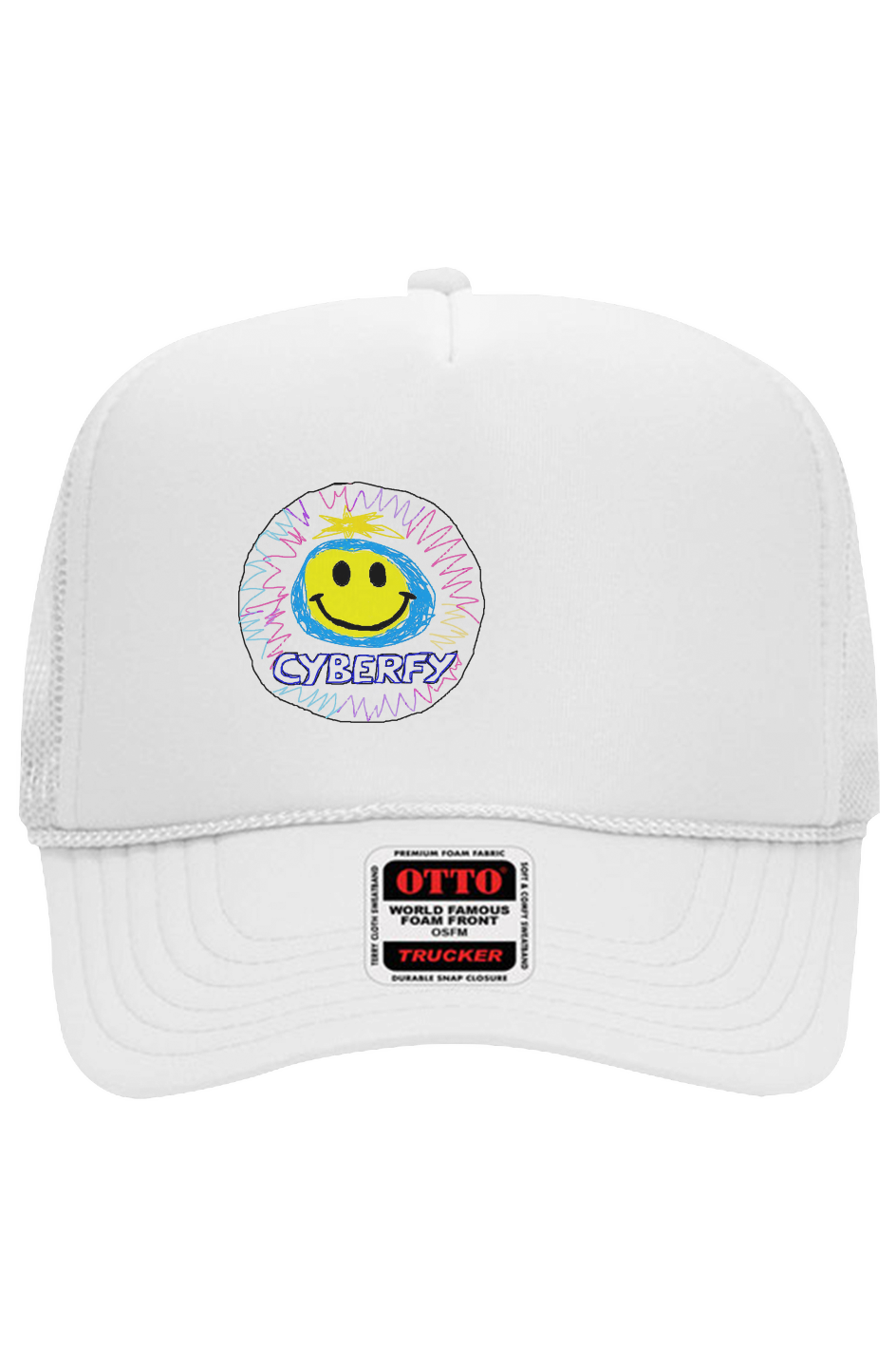 Cyberfy Trucker Hat - White: white Otto 5 panel trucker hat with the full-circle Cyberfy logo on the front panel