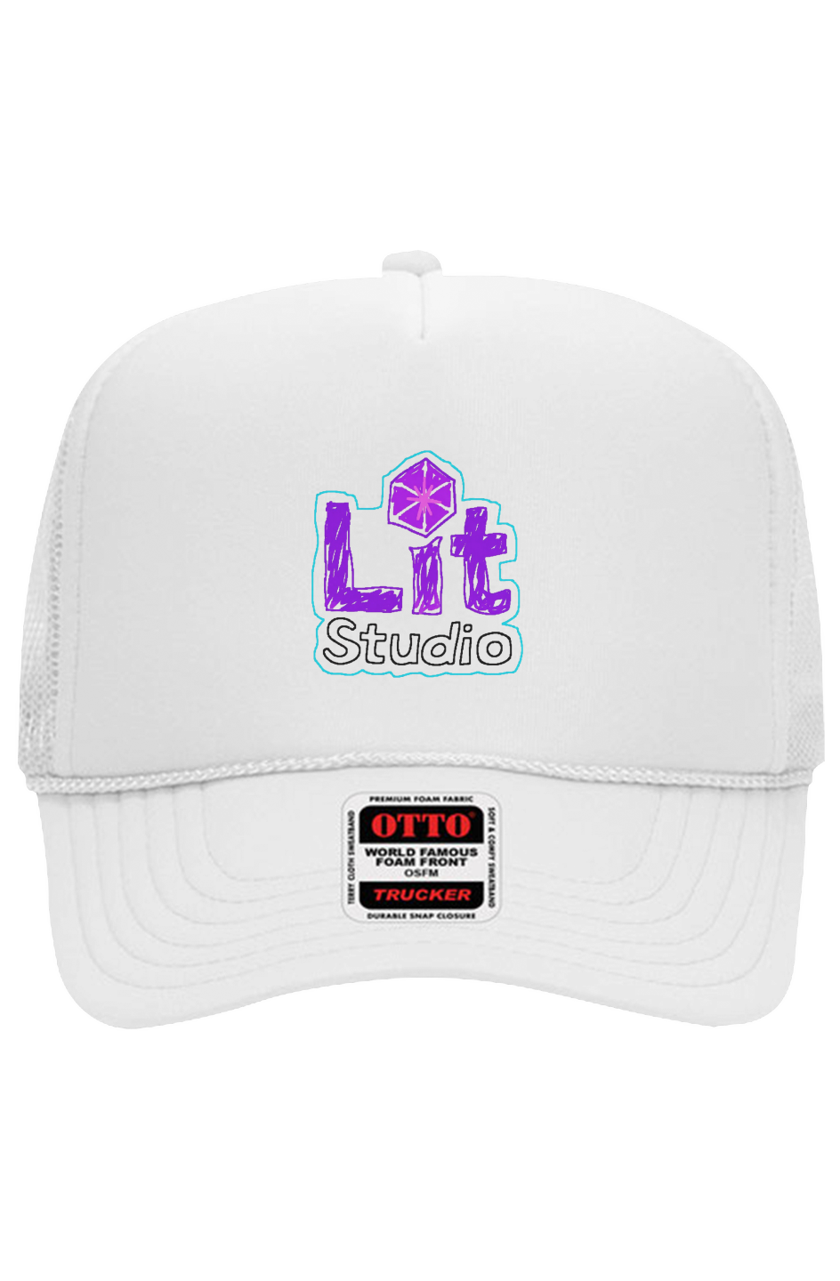 Lit Studio Trucker Hat - White: white Otto 5 panel trucker hat with a small Lit Studio logo on the front panel
