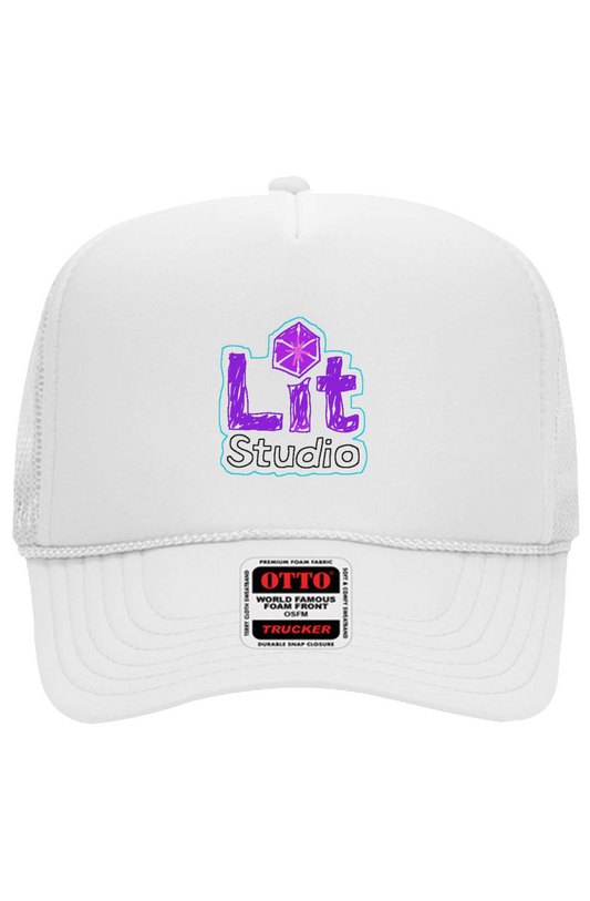 Lit Studio Trucker Hat - White: white Otto 5 panel trucker hat with a small Lit Studio logo on the front panel