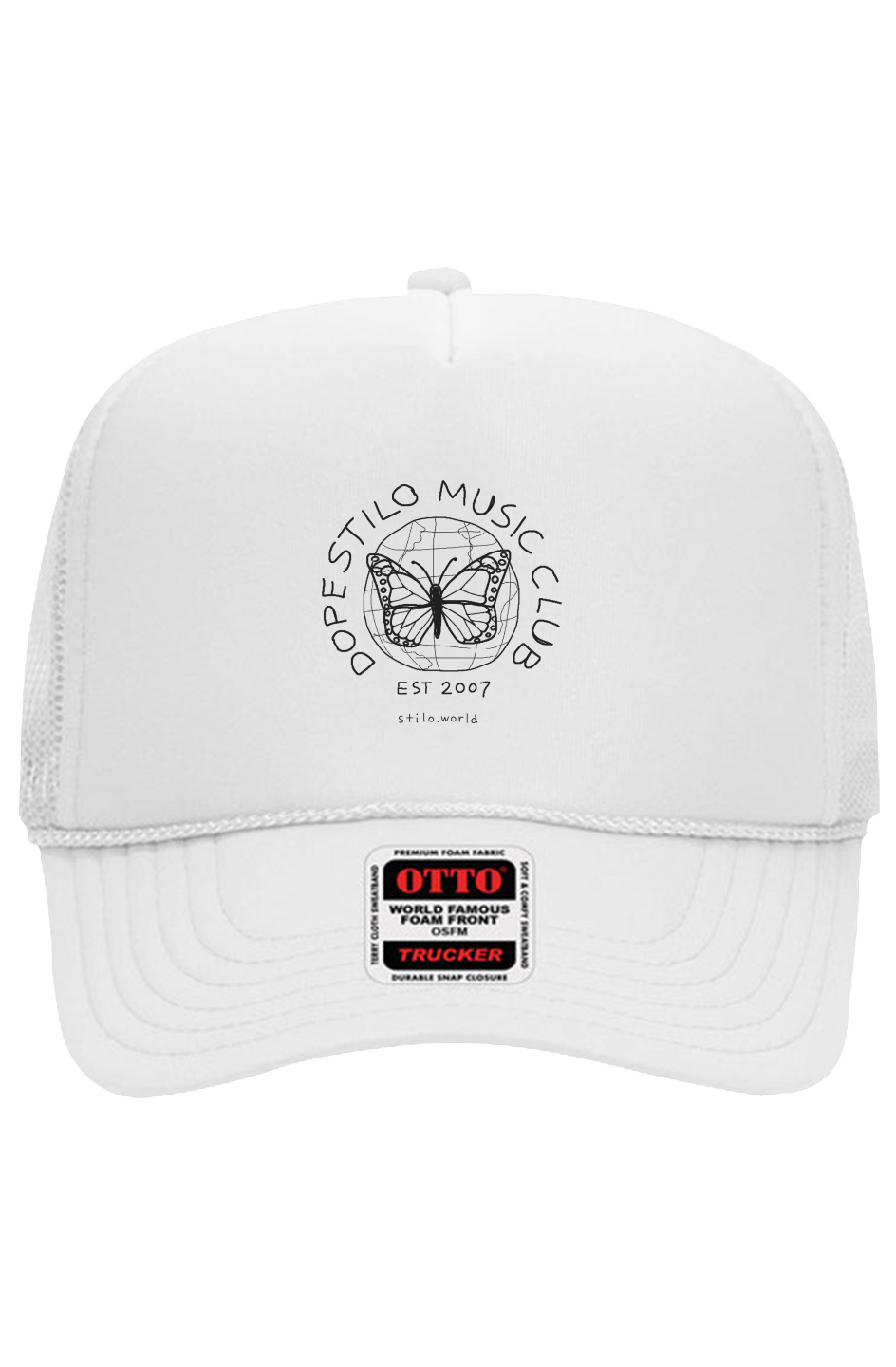 Dope Stilo Music Club Trucker Hat - White: white Otto 5 panel trucker hat with a small DSMC logo on the front panel