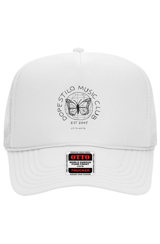 Dope Stilo Music Club Trucker Hat - White: white Otto 5 panel trucker hat with a small DSMC logo on the front panel